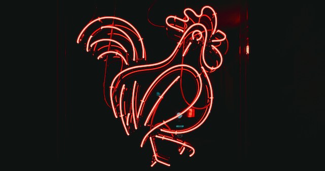 A neon sign depicting a rooster